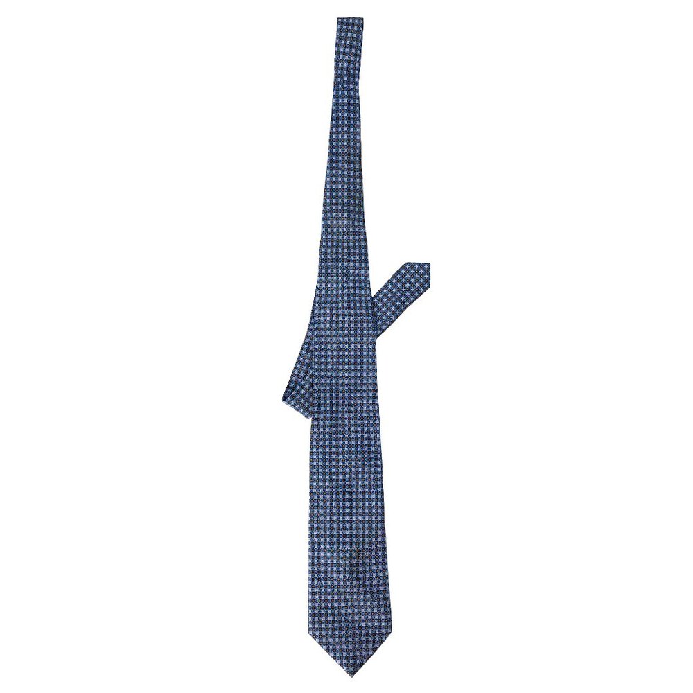 ERMENEGILDO ZEGNA Blue Micro Floret Grid Floral Geometric Silk Tie
